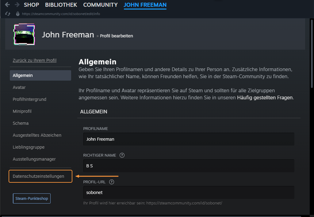 Steam-Profilbearbeitung mit vollständigem Seitenmenü: Ein orangefarbener Pfeil zeigt links unten auf Privacy Settings.