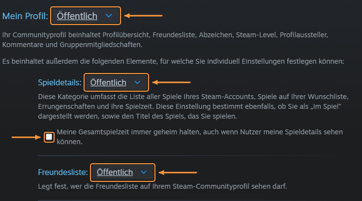 Steam-Datenschutzseite mit Seitenmenü: Pfeile markieren My profile, Game details und Friends List mit dem Wert Public sowie das leere Kästchen Always keep my total playtime private. Dieses Kästchen nicht anhaken.