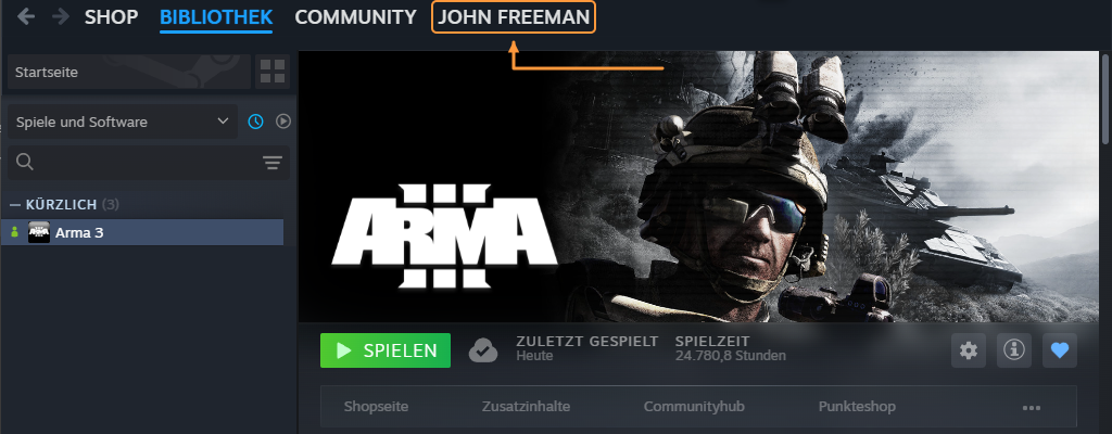 Steam-Bibliothek mit Hauptnavigation: Ein orangefarbener Pfeil zeigt oben auf den Profilnamen rechts neben Community.