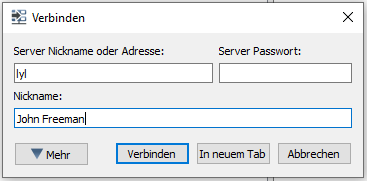 TeamSpeak-Verbindungsdialog: lyl im Feld Server Nickname oder Adresse, leeres Server-Passwort, ein Beispiel-Nickname und der Button Verbinden.
