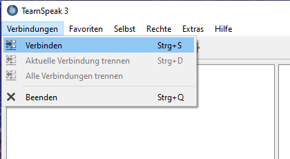 TeamSpeak 3: geöffnetes Menü Verbindungen mit markiertem Eintrag Verbinden und Tastenkürzel Strg + S.