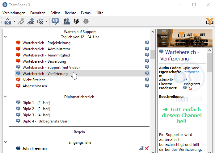 TeamSpeak-Channel-Liste mit blau markiertem Wartebereich - Verifizierung, direkt unter Wartebereich - Support (mit Video).